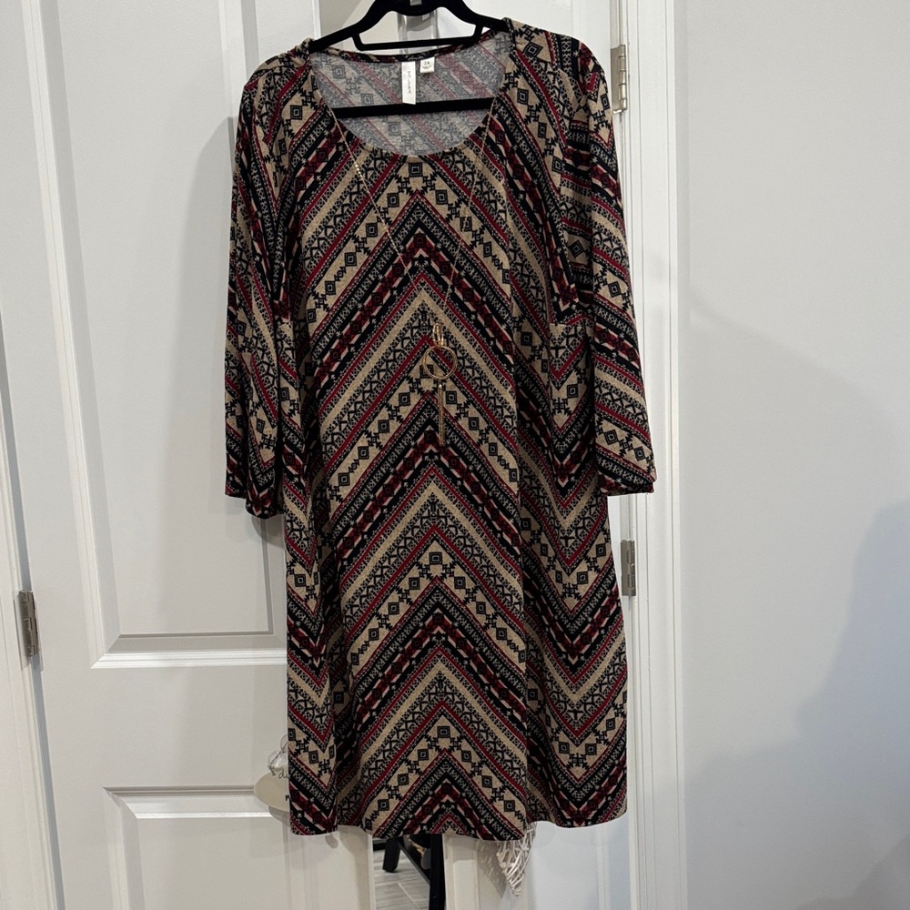 Tacera Geometric Long Sleeve Dress - Black, Red, Beige